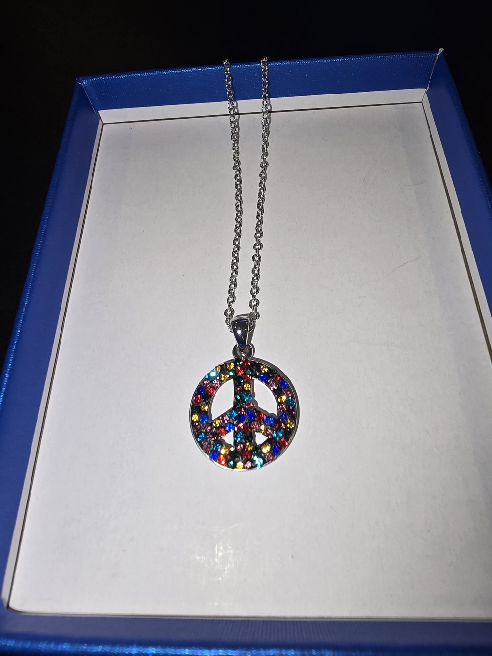 Multicolor Crystal Peace Sign Pendant Necklace - Silver Tone